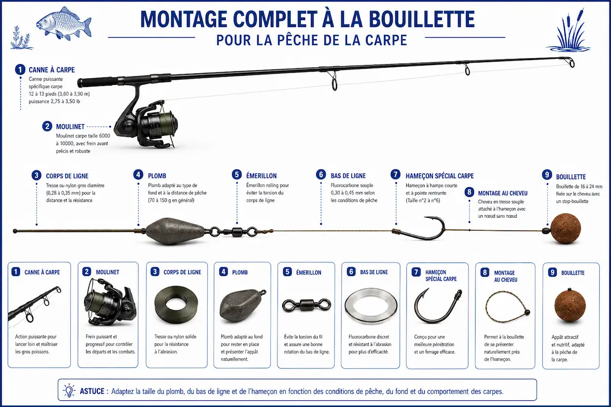 Montage au cheveu utilisé pour la pêche de la carpe à la bouillette