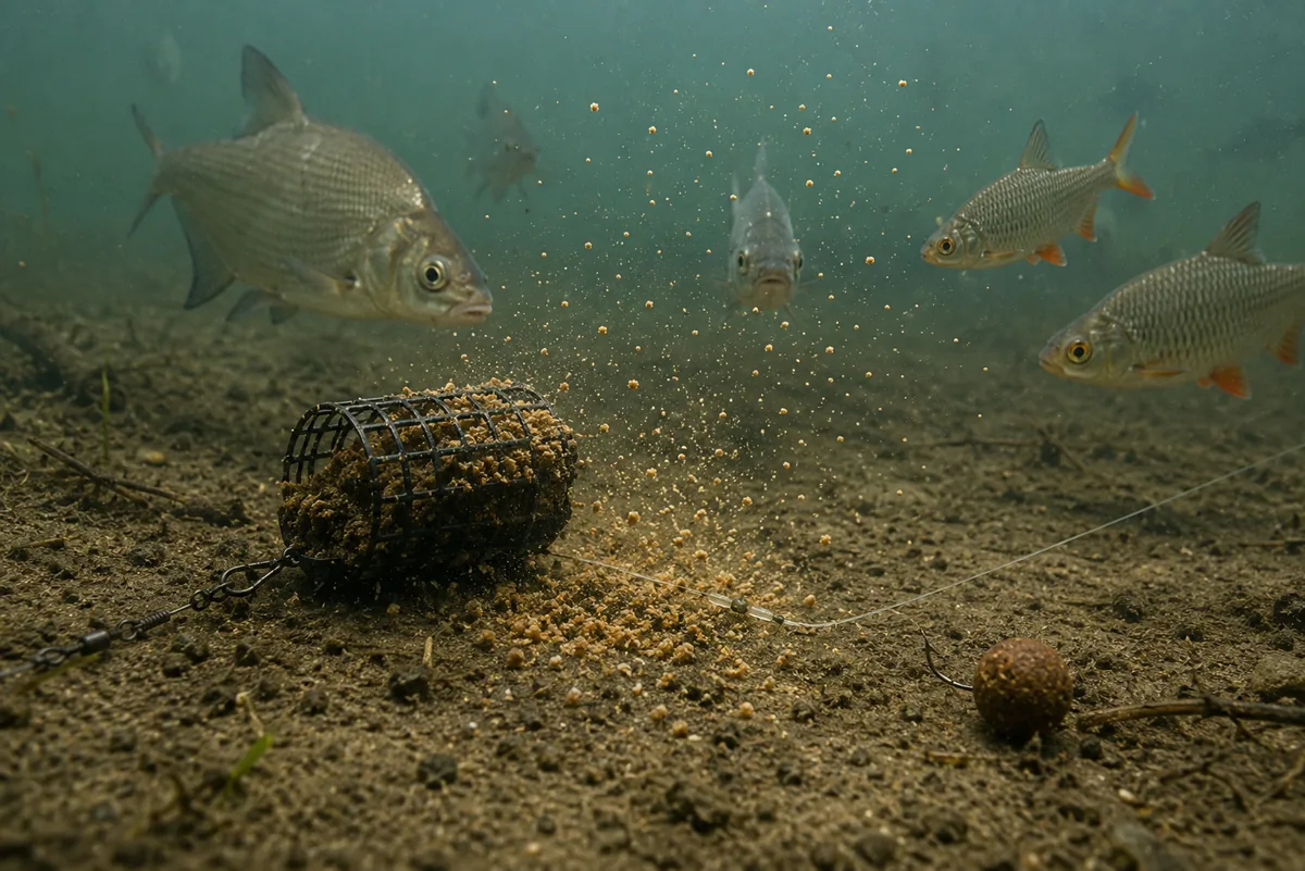 Montage feeder reposant sur le fond avec diffusion d’amorce attirant plusieurs poissons blancs