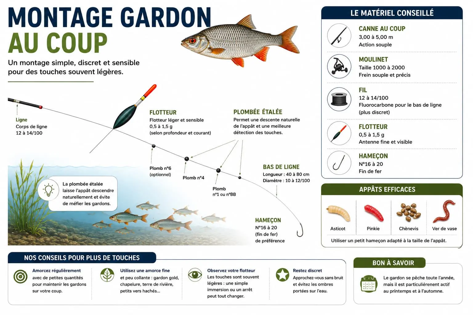 Montage de pêche au coup pour le gardon avec flotteur léger, ligne fine et petits plombs