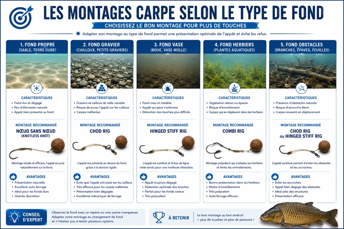 Infographie comparant les montages carpe adaptés selon la nature du fond