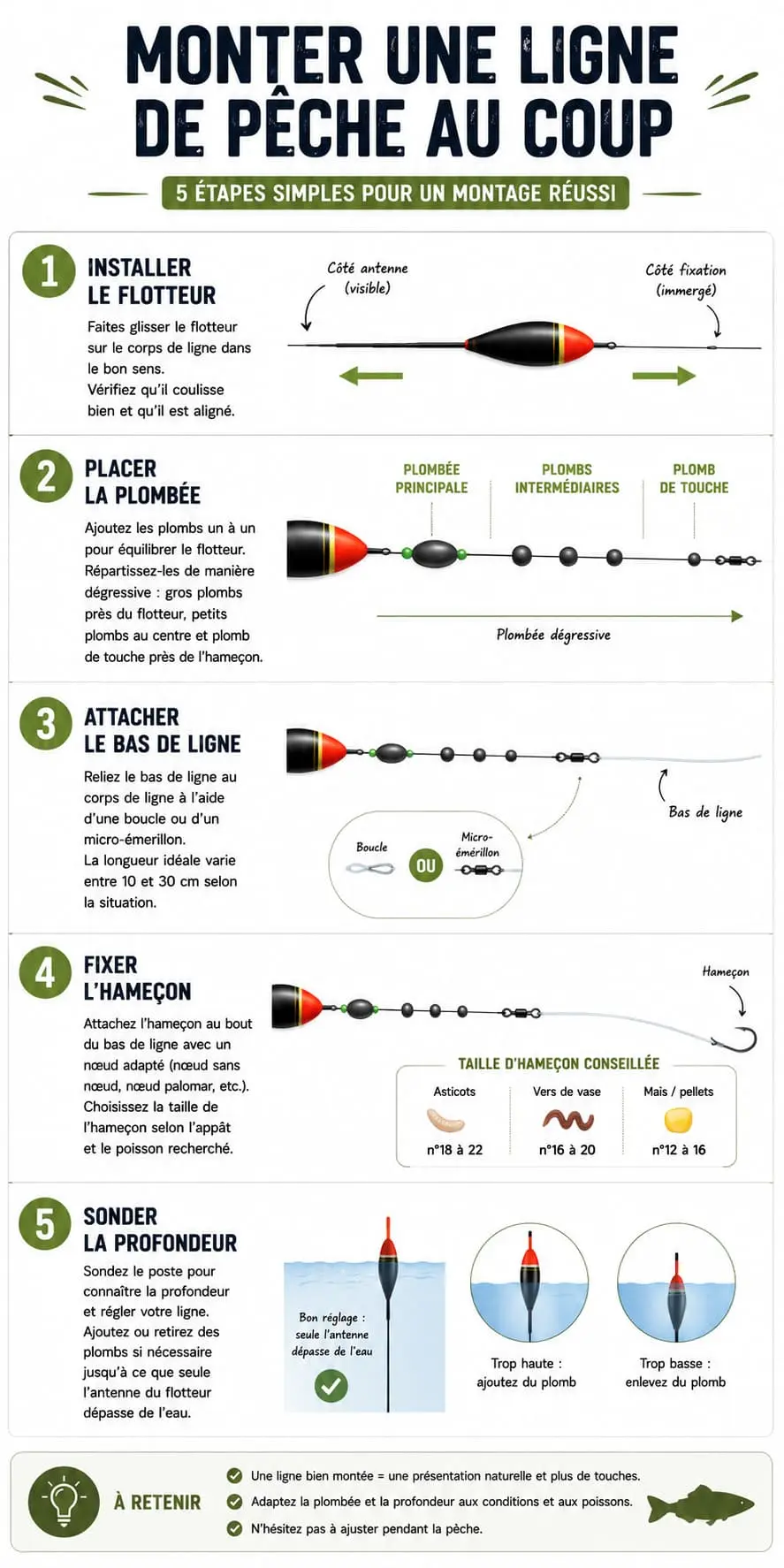 Tutoriel illustré montrant les différentes étapes de montage d'une ligne de pêche au coup