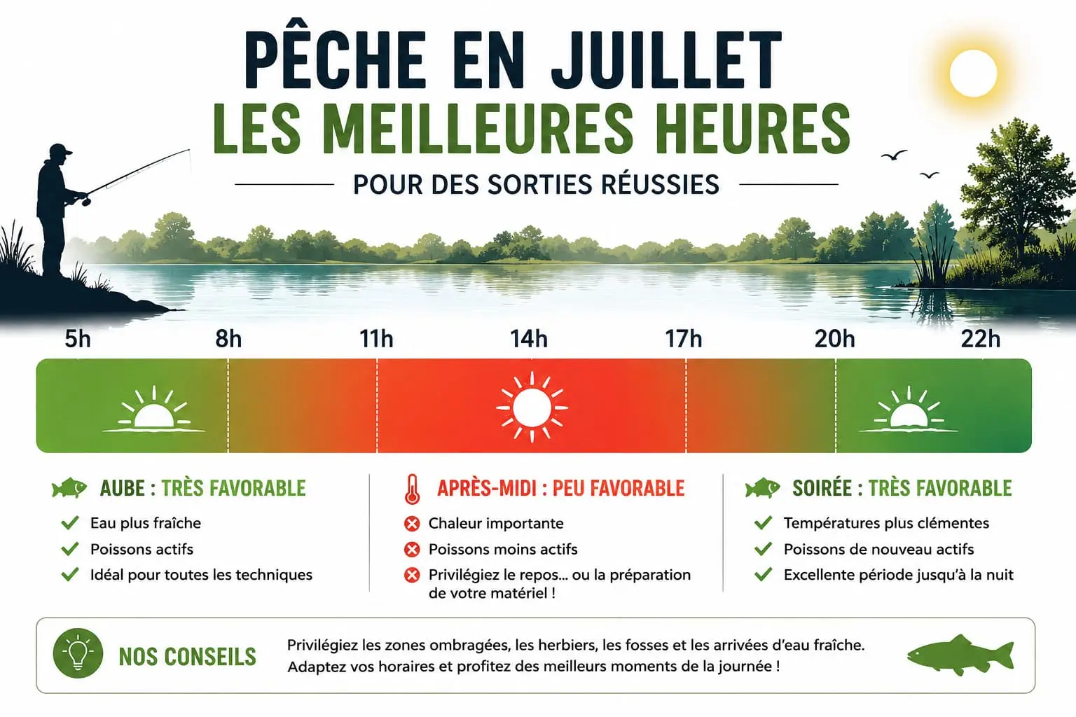 Meilleures heures pour pêcher en juillet selon la température et l'activité des poissons