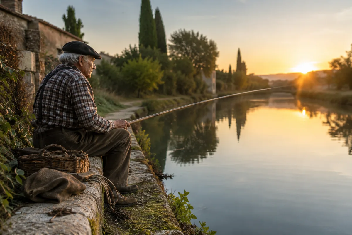 Ancien pêcheur traditionnel du sud de la France pratiquant la pêche au bord d un canal calme