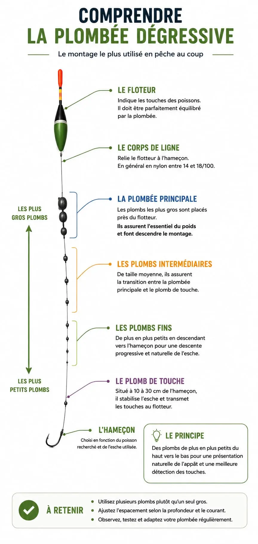 Schéma d'une plombée dégressive sur une ligne de pêche au flotteur