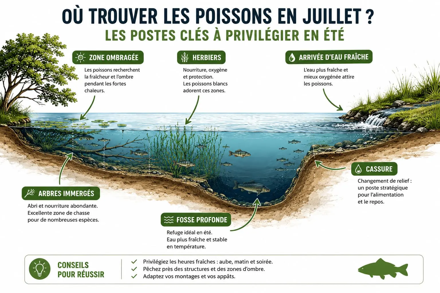 Zones fréquentées par les poissons en été dans un étang ou un lac