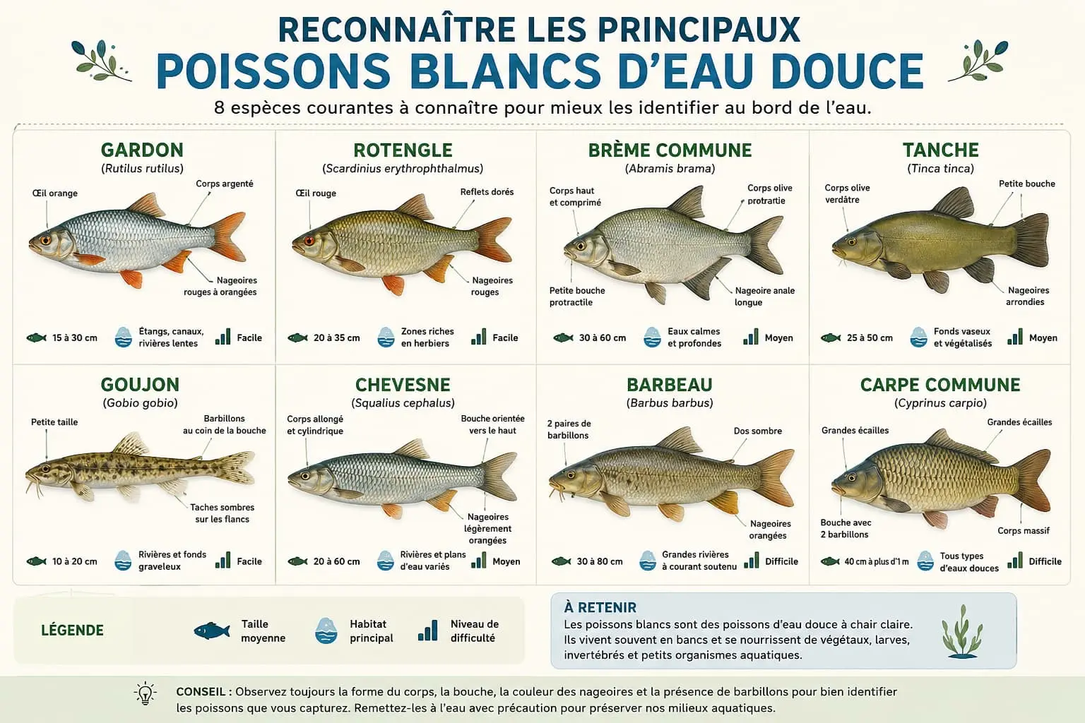 Infographie présentant les principaux poissons blancs d'eau douce : gardon, rotengle, brème, tanche, goujon, chevesne, barbeau et carpe avec leurs caractéristiques d'identification.
