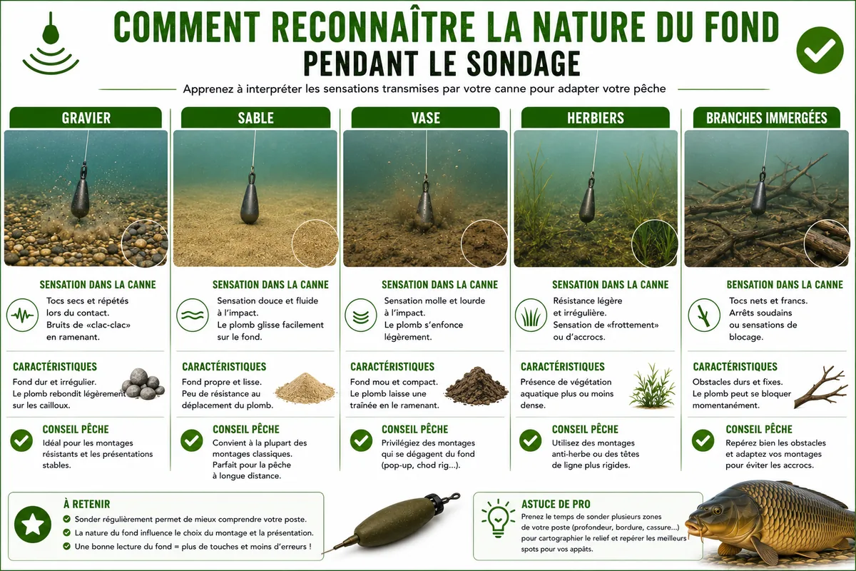 Infographie montrant comment reconnaître les différents types de fond pendant le sondage
