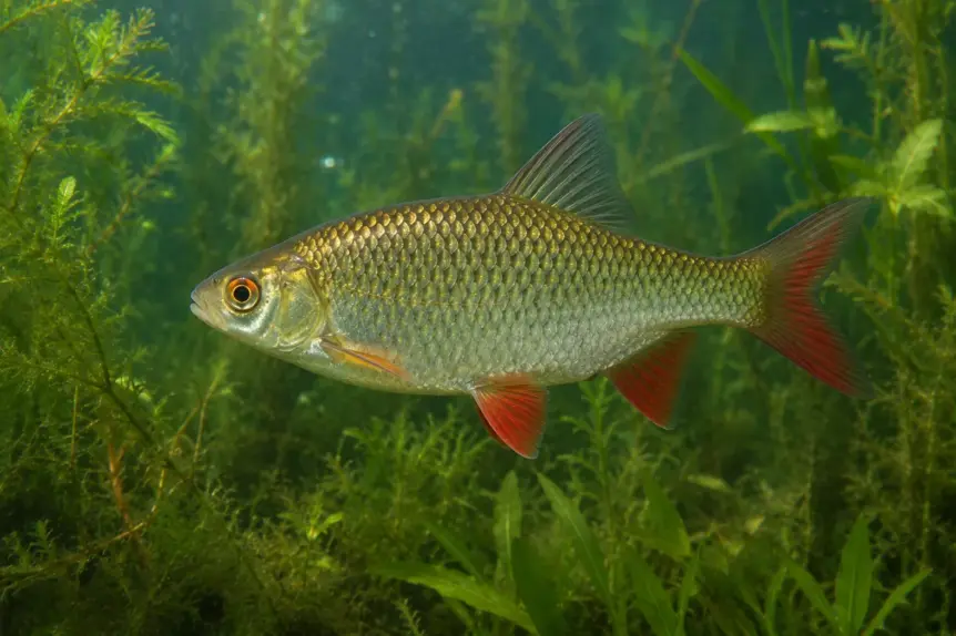 Rotengle nageant dans un étang naturel appelé rousseau localement