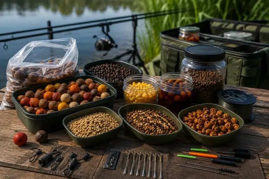 Différents appâts utilisés pour la pêche moderne de la carpe disposés sur une table de pêche