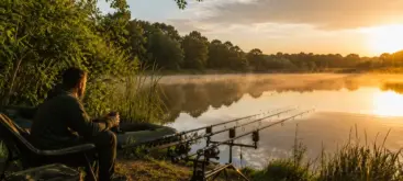 Pêcheur installé tôt le matin au bord d’un étang pour une session carpe estivale