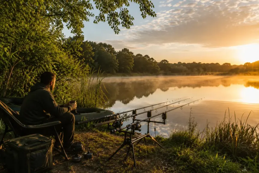 Pêcheur installé tôt le matin au bord d’un étang pour une session carpe estivale