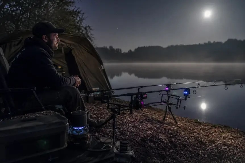 Carpiste en session de pêche à la bouillette au bord d’un étang