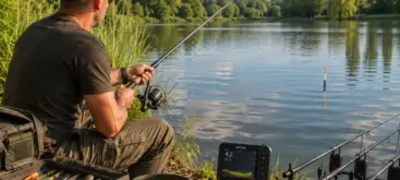 Pêcheur utilisant une canne marker pour sonder précisément un poste de pêche en étang