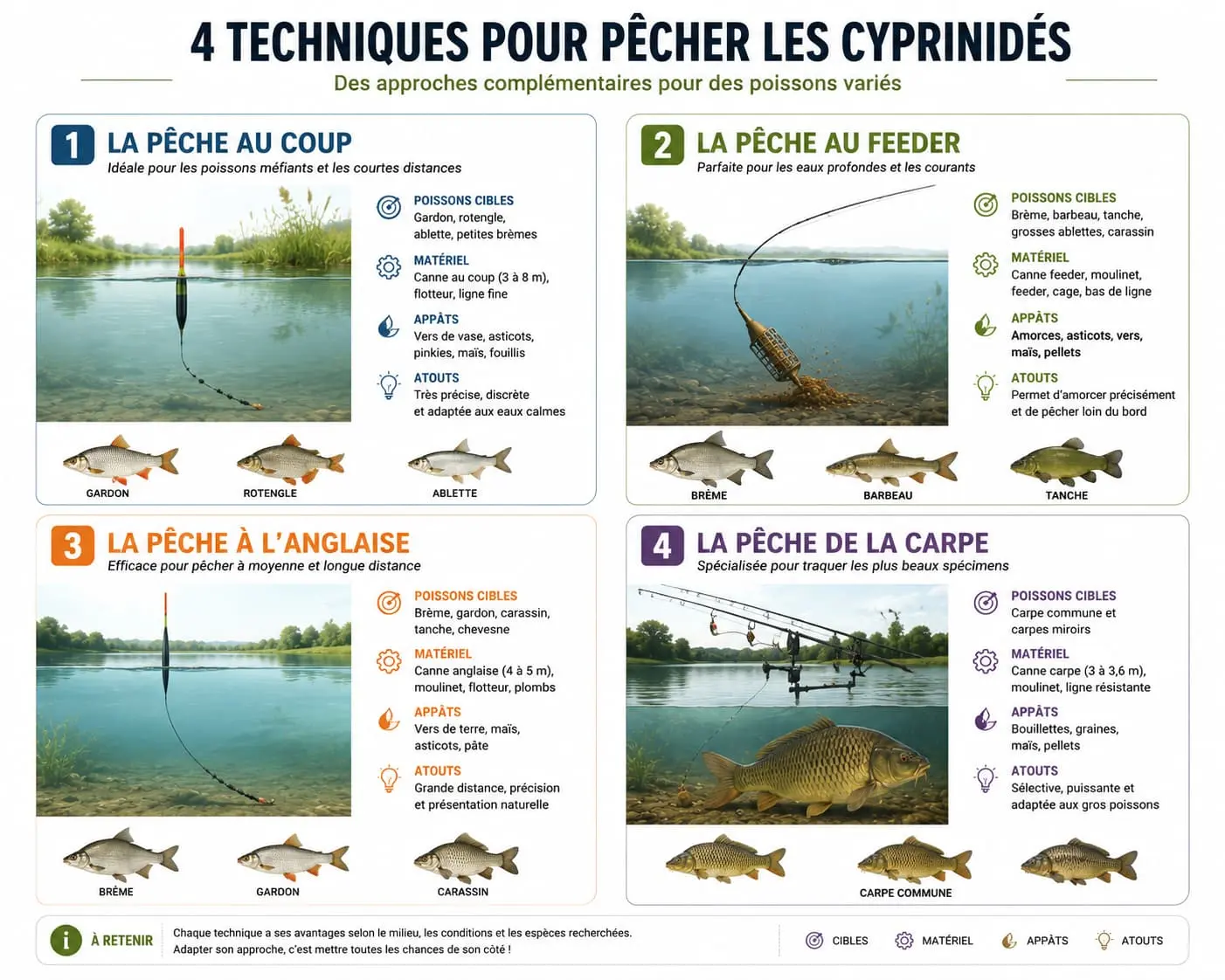 Comparatif des principales techniques de pêche utilisées pour capturer les cyprinidés