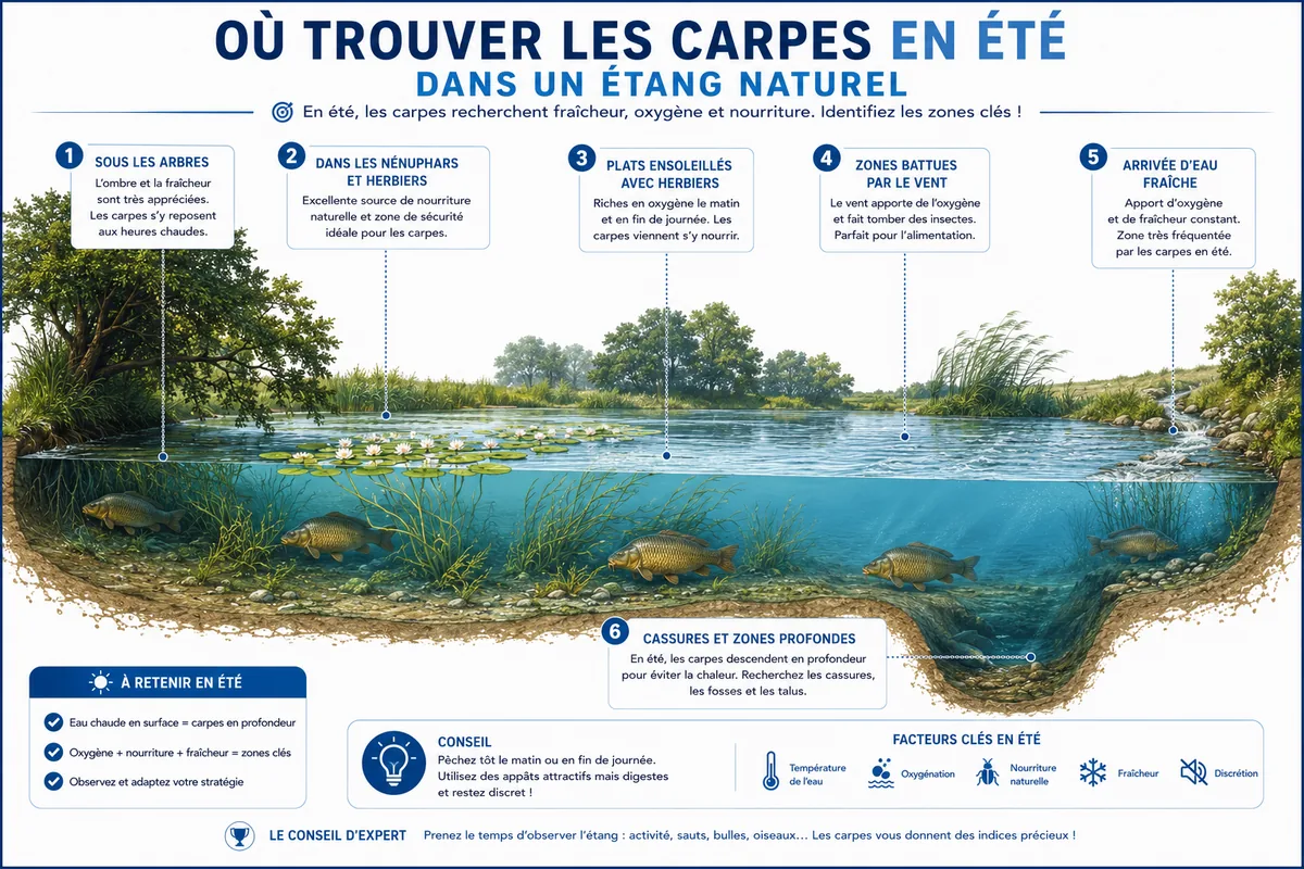 Infographie montrant les différentes zones où rechercher les carpes durant l’été