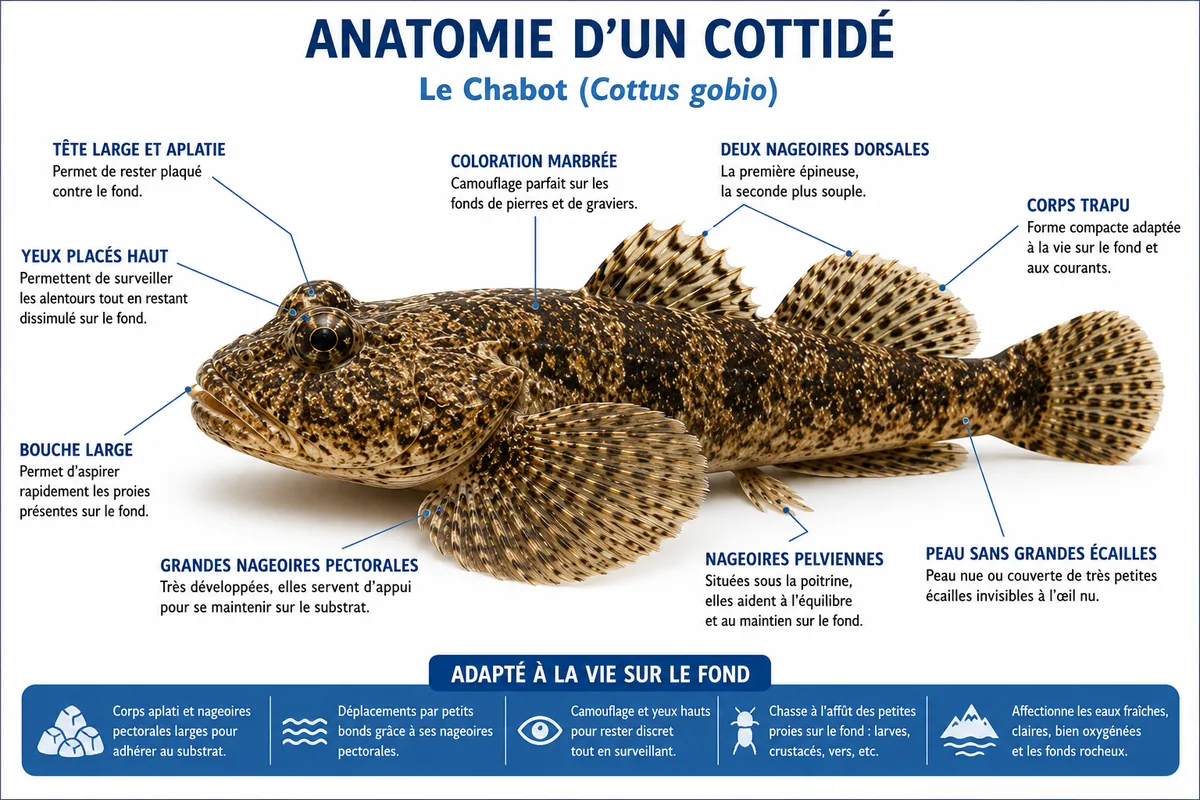 Infographie présentant les principales caractéristiques anatomiques d'un Cottidé