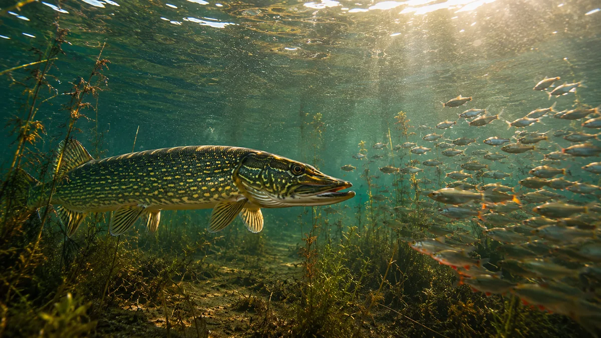 Brochet poursuivant un banc de poissons blancs en automne