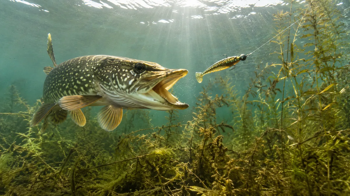 Brochet attaquant un leurre souple dans une eau claire en septembre