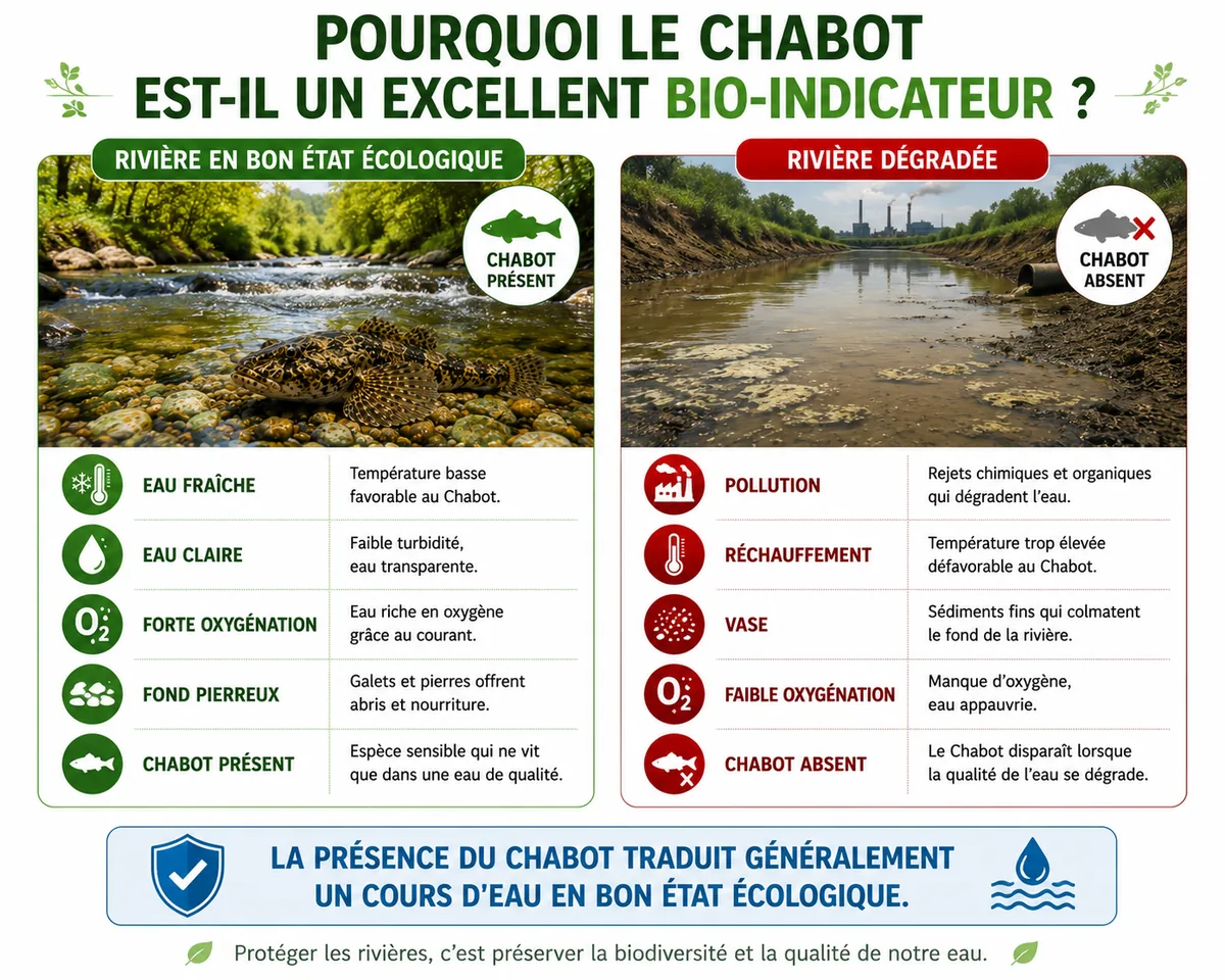 Infographie expliquant pourquoi le Chabot est un excellent indicateur de la qualité des rivières