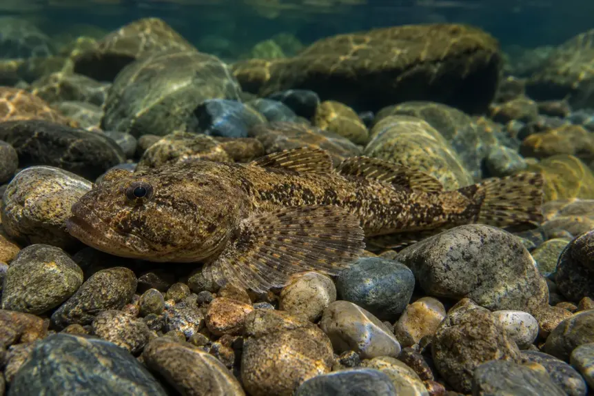Chabot adulte posé sur un fond de galets dans une rivière d'eau douce