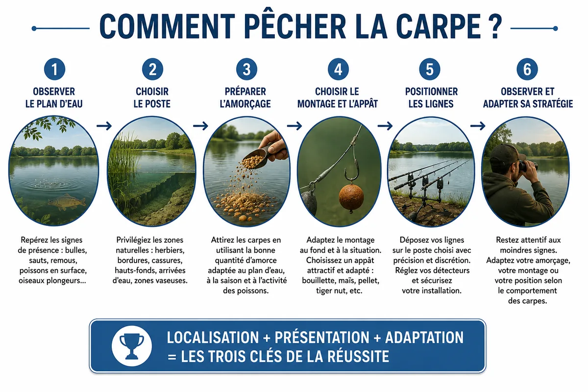 Infographie des étapes pour pêcher la carpe
