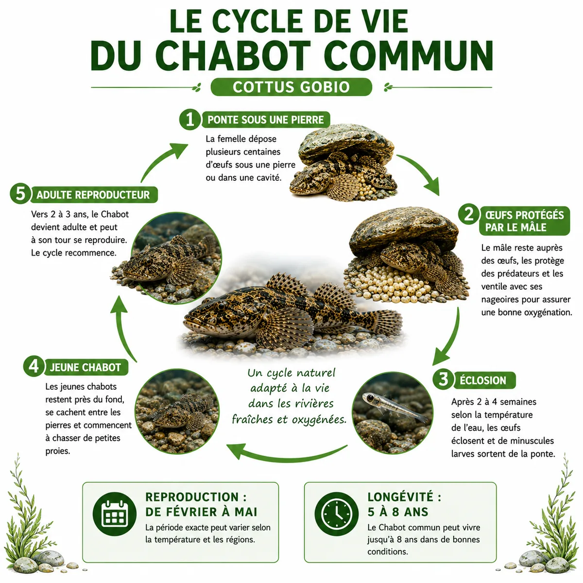 Infographie illustrant le cycle de vie du Chabot commun