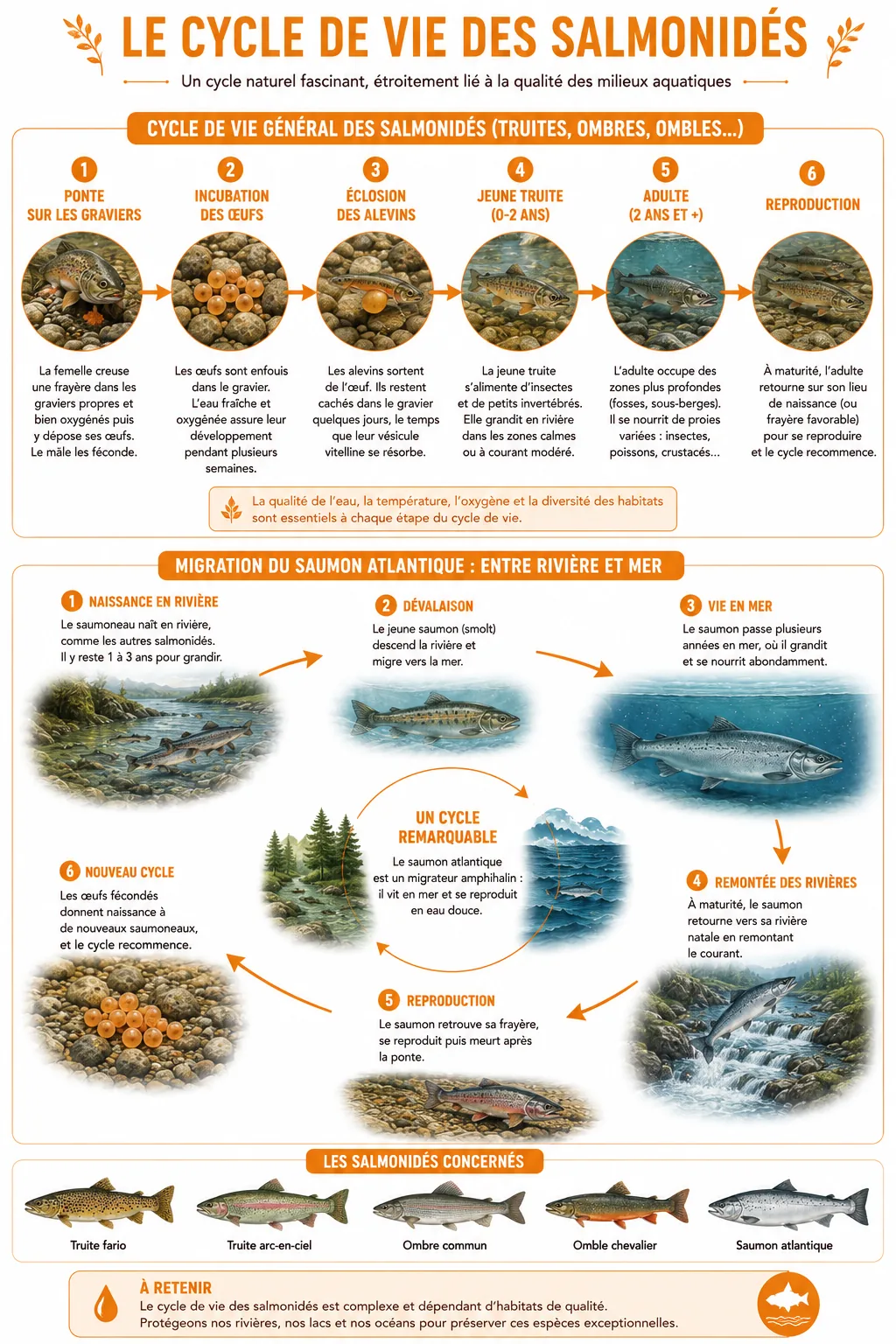 Infographie illustrant le cycle de vie des Salmonidés