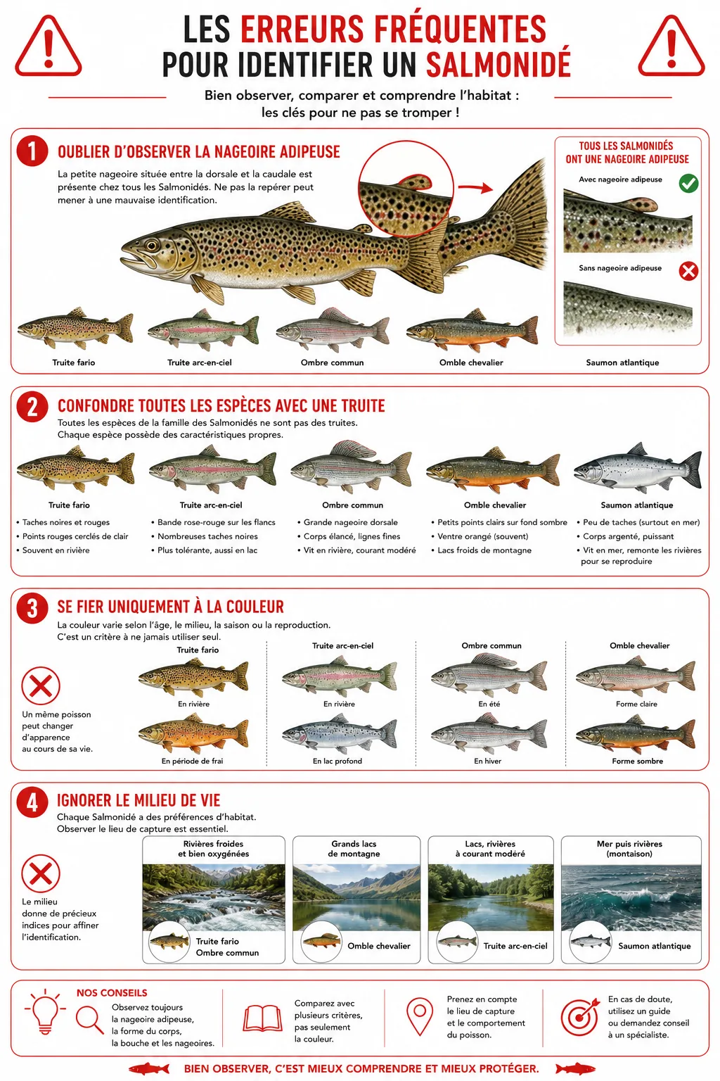 Infographie des erreurs fréquentes lors de l'identification des Salmonidés