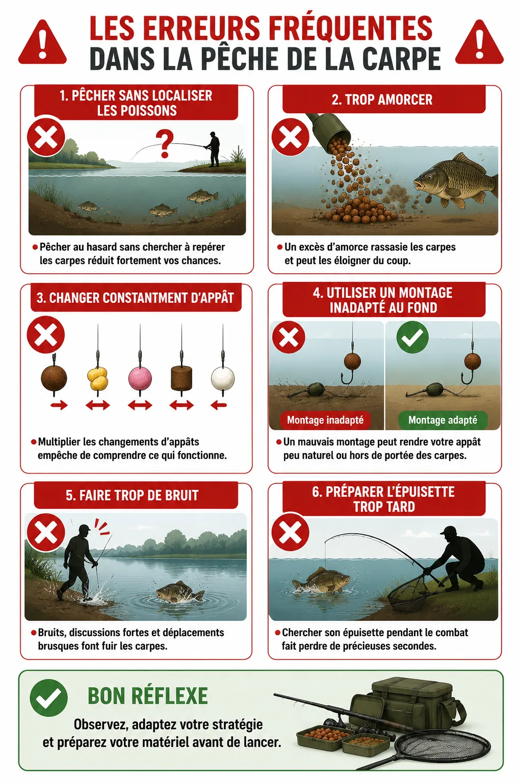 Infographie des erreurs fréquentes dans la pêche de la carpe