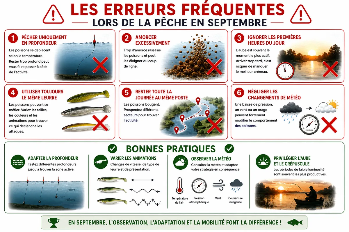 Infographie illustrant les erreurs fréquentes lors de la pêche en septembre