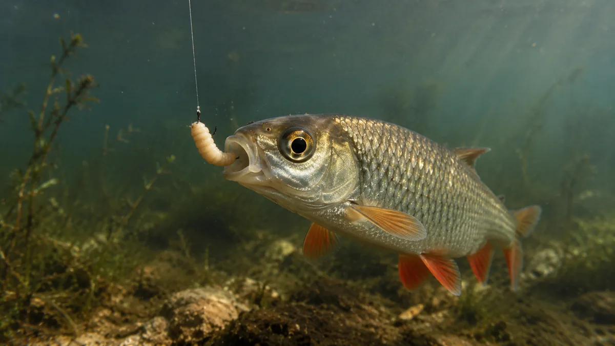 Gardon saisissant un asticot sous l'eau