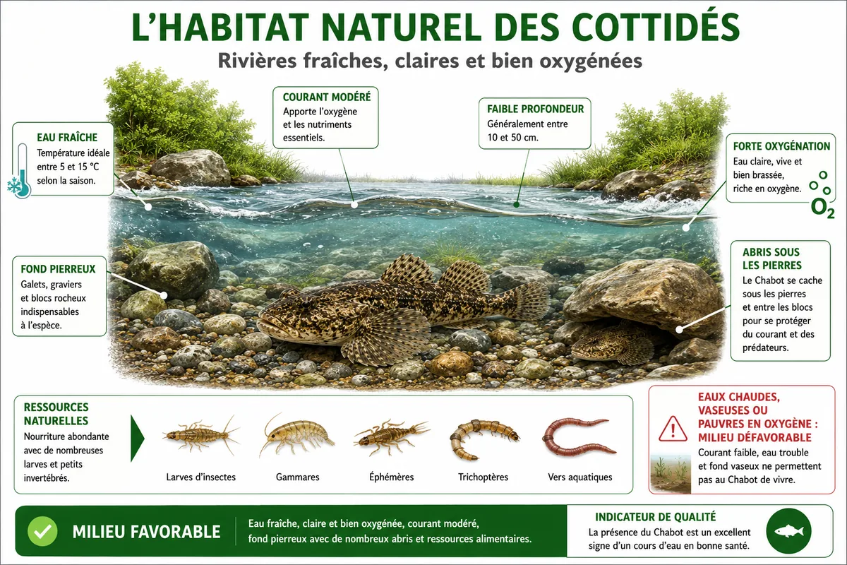 Infographie montrant l'habitat naturel des Cottidés dans une rivière fraîche et oxygénée