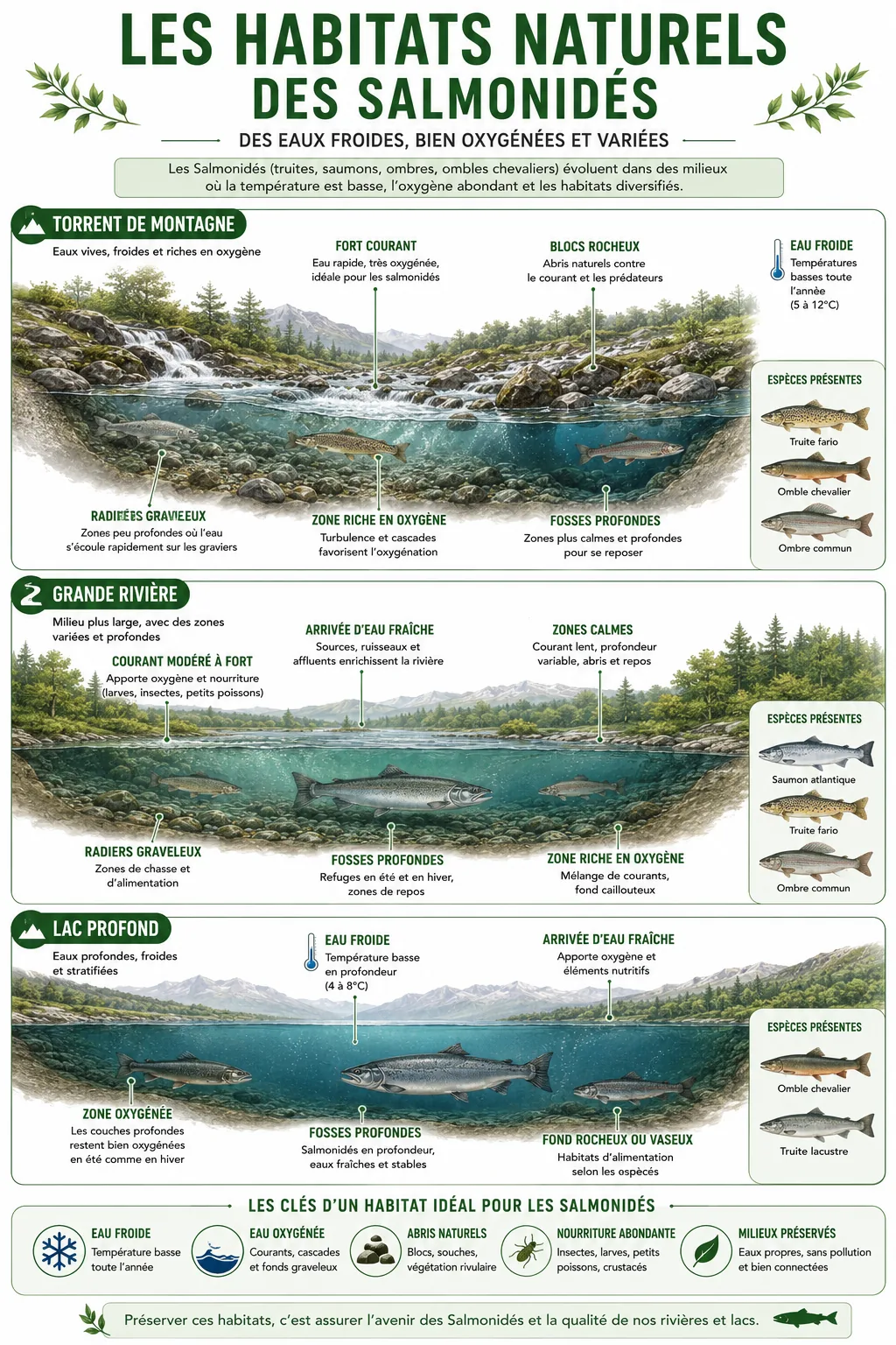 Infographie représentant les habitats naturels des Salmonidés