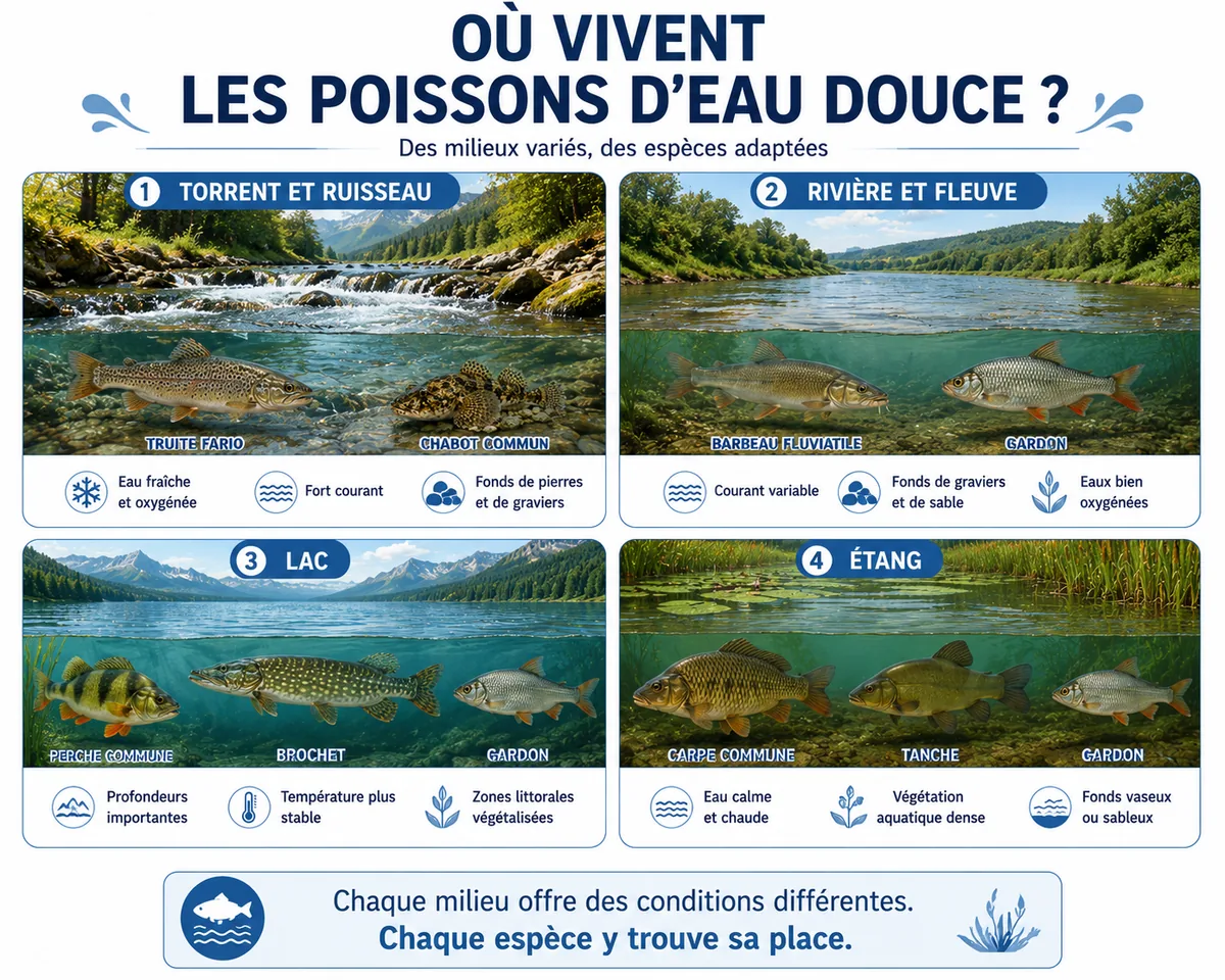 Infographie présentant les principaux habitats des poissons d'eau douce