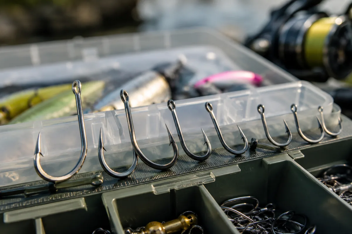 Différents hameçons de pêche de tailles variées sur une boîte de matériel