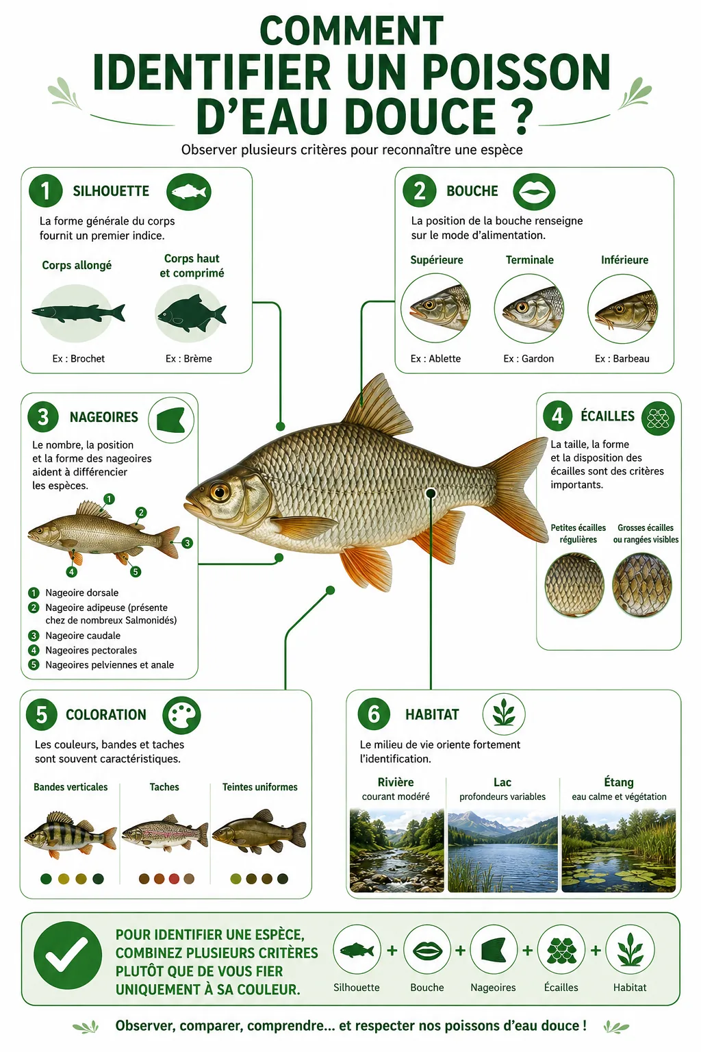 Infographie présentant les critères pour identifier un poisson d'eau douce