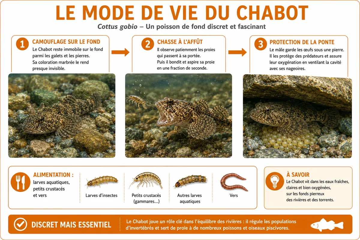 Infographie expliquant l'alimentation, le camouflage et la reproduction du Chabot