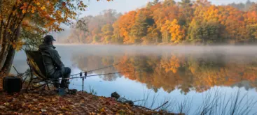 Pêcheur installé au bord d'un lac européen en automne