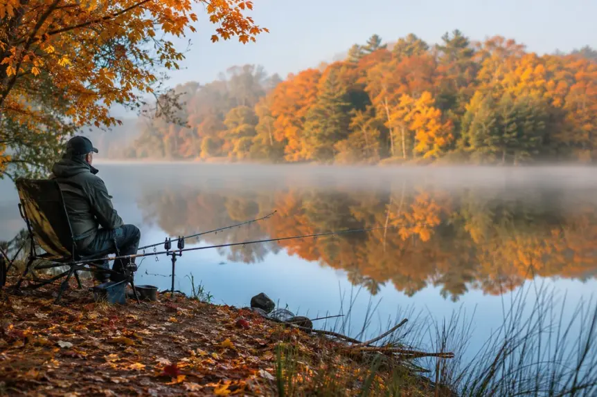 Pêcheur installé au bord d'un lac européen en automne