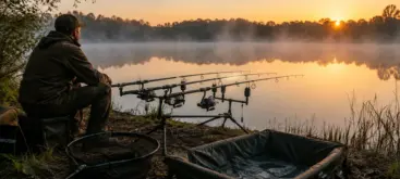 Pêcheur pratiquant la pêche de la carpe au bord d'un étang