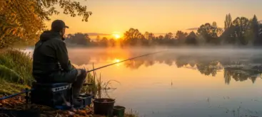 Pêcheur installé au bord d'un étang lors d'un lever de soleil en septembre