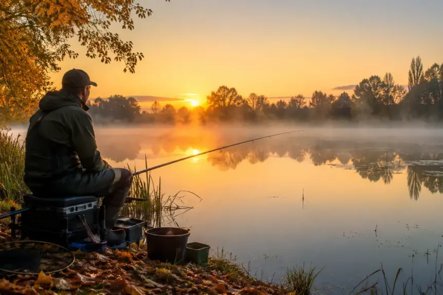 Pêcheur installé au bord d'un étang lors d'un lever de soleil en septembre