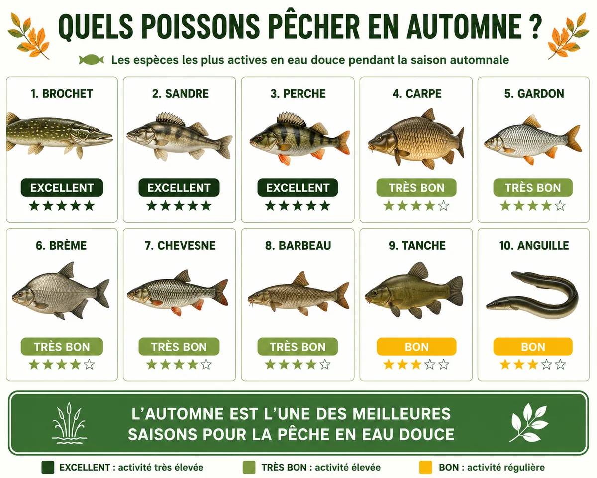 Infographie présentant les principaux poissons à pêcher en automne