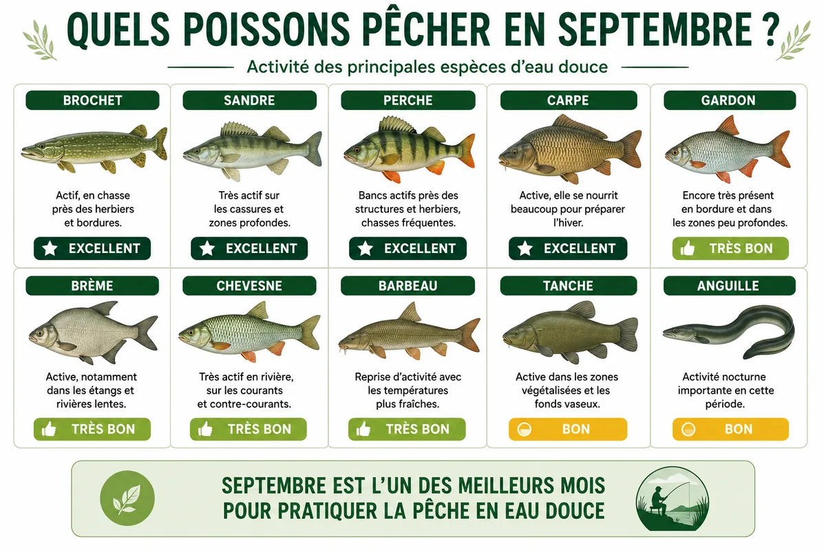 Infographie présentant les principales espèces à pêcher en septembre