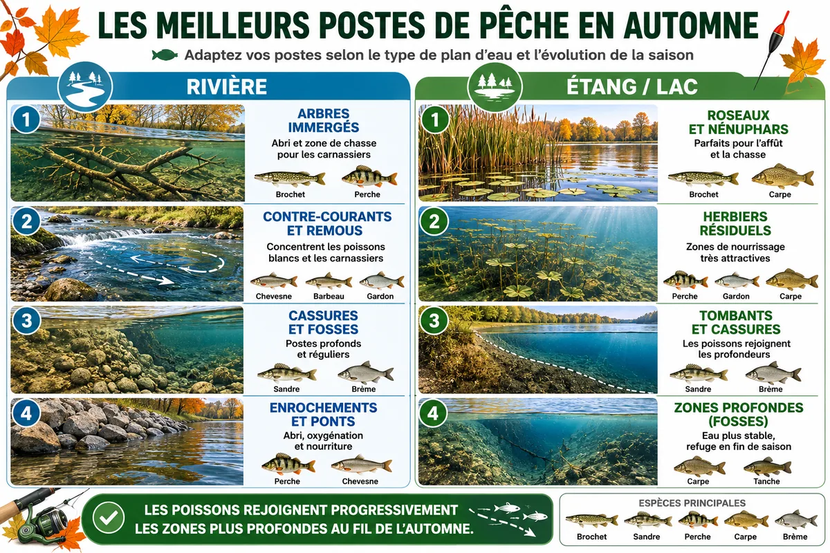 Infographie illustrant les meilleurs postes de pêche en rivière, étang et lac pendant l'automne