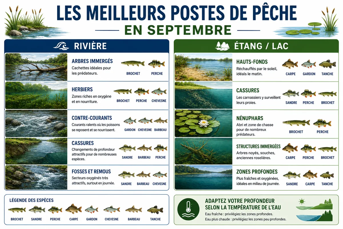 Infographie montrant les meilleurs postes de pêche en rivière, étang et lac au mois de septembre