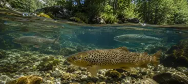 Plusieurs Salmonidés évoluant dans une rivière de montagne aux eaux cristallines