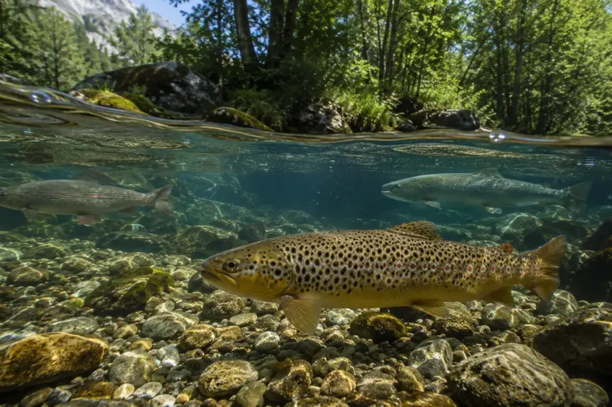 Plusieurs Salmonidés évoluant dans une rivière de montagne aux eaux cristallines