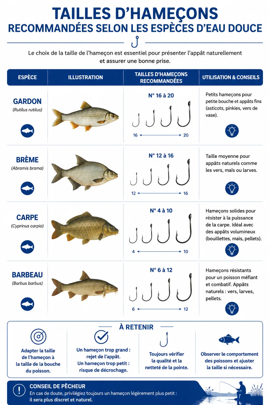Comparatif des tailles d’hameçons recommandées selon les espèces d’eau douce