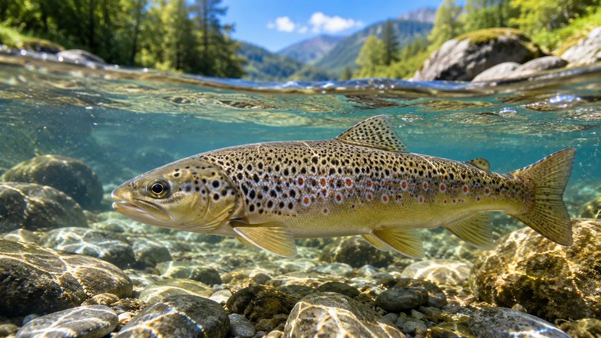 Truite fario adulte nageant dans une rivière de montagne